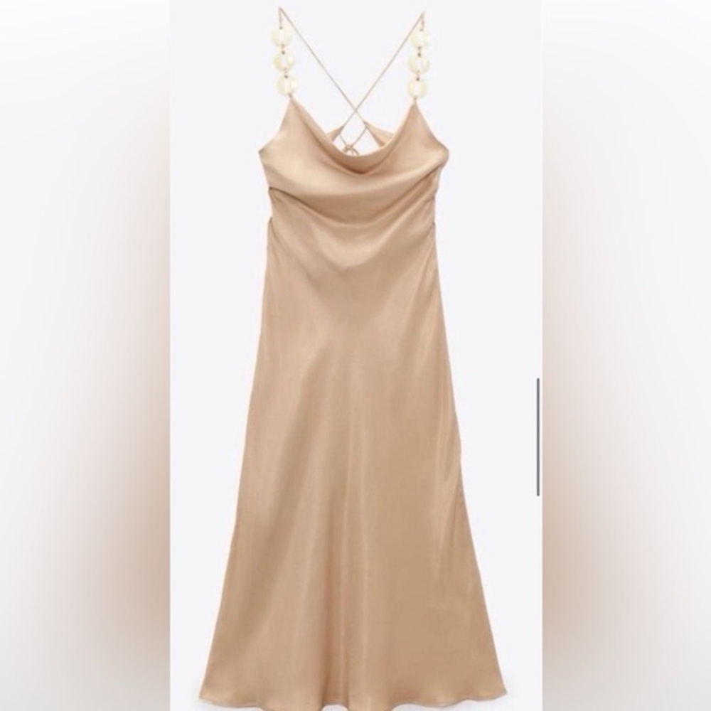 Zara Beige Tan Open Back Cowl Neckline Shell Chain Straps Satin Slip Dress